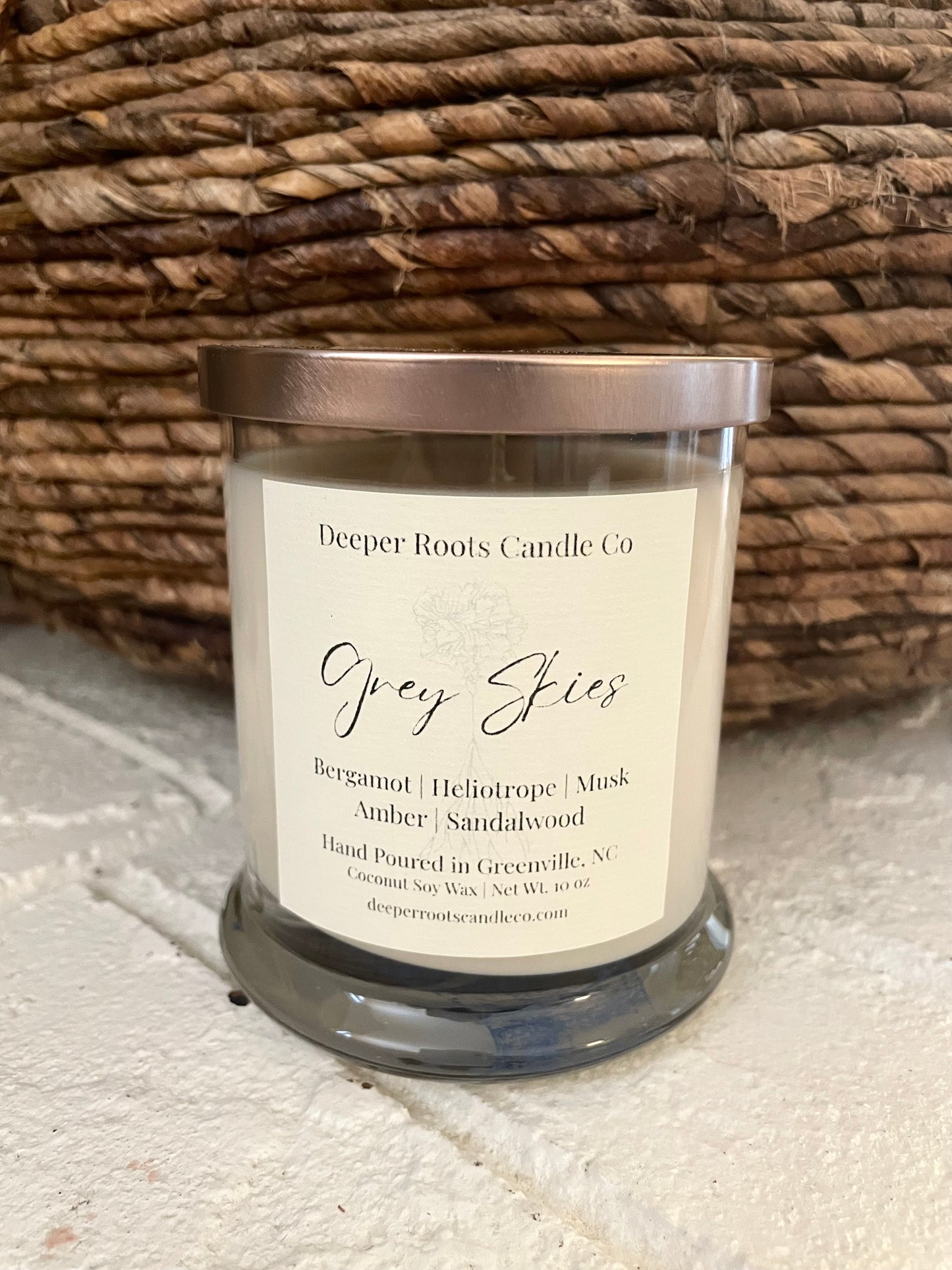 Grey Skies coconut soy wax candle by Deeper Roots